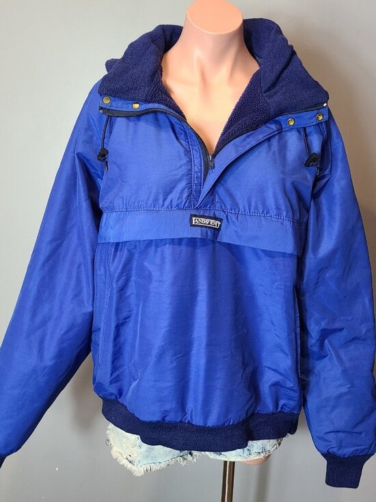 VINTAGE Lands End Jacket Mens Large Unisex Blue 1/4 Zip Pullover Hooded 90s - Picture 1 of 10